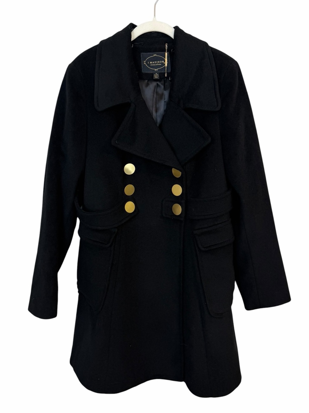1 Madison Long Pea Coat with Gold Accents sz 14 *missing fur collar* Wool Blend